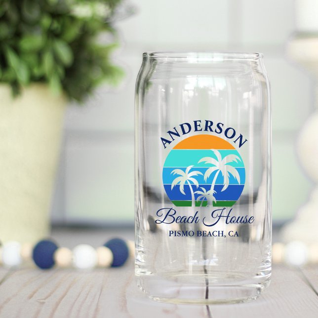 Family Name Beach House Sun Palm Trees Can Glass (Customize to change text color, size or text style.)