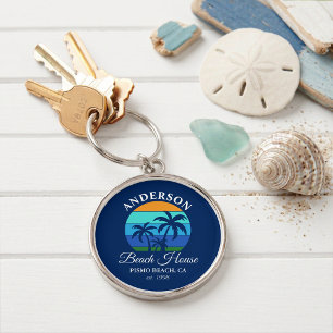Family Name Beach House Sun Palm Trees Premium Keychain