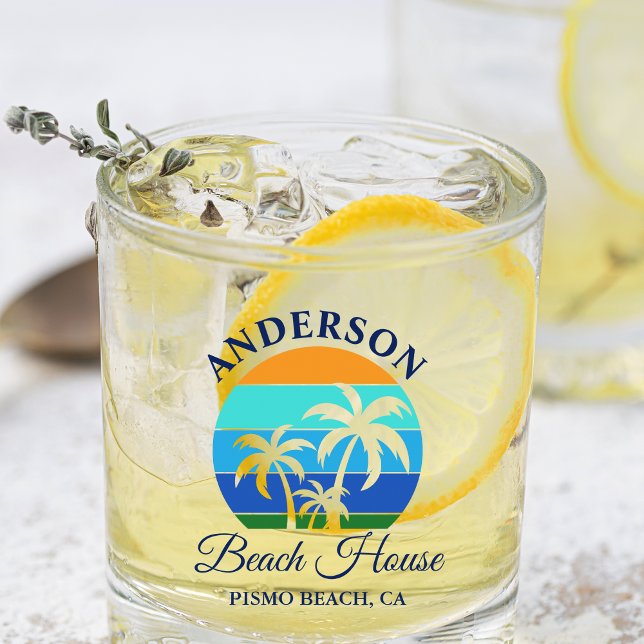 Family Name Beach House Sun Palm Trees Whiskey Glass (Customize to change text color.)