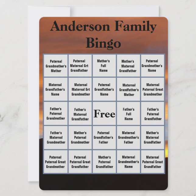 Family Name Bingo and Reunion Sunset Photo (Front)