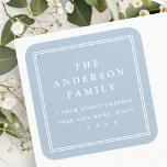 Family name border light dusty blue return address square sticker<br><div class="desc">Elegant,  light dusty blue or custom colour return address labels featuring your family name in an elegant serif font and the return address below surrounded by a double border.</div>