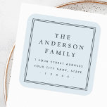 Family name border light dusty blue return address square sticker<br><div class="desc">Elegant,  light dusty blue or custom colour return address labels featuring your family name in an elegant serif font and the return address below surrounded by a double border.</div>