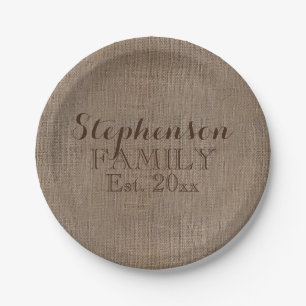Family Name Burlap Rustic Paper Plate