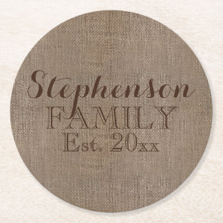 Family Name Burlap Rustic Round Paper Coaster
