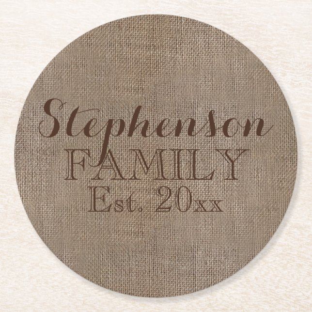 Family Name Burlap Rustic Round Paper Coaster (Front)