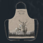 Family Name Cabin Deer Pine Tree Forest Burlap Apron<br><div class="desc">Cook, bake and BBQ in a stylish, rustic themed chef's apron with your personalized family name and cabin, cottage or other desired text and it's location. This custom design features rustic style typography with artwork of deer, a buck and doe in a scenic silhouette of pine trees and mountains on...</div>