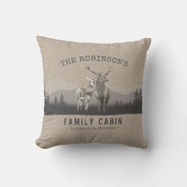 Family Name Cabin Deer Pine Tree Forest Burlap Outdoor Pillow (Front)