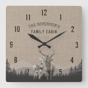 Family Name Cabin Deer Pine Tree Forest Burlap Square Wall Clock