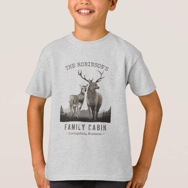 Family Name Cabin Deer Pine Tree Forest Grey T-Shirt (Front)