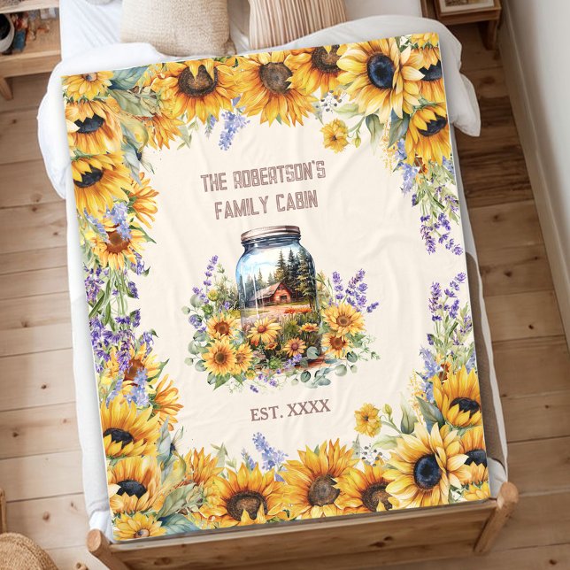 Family Name Cabin Farmhouse Forest Sunflower Fleece Blanket (Family Name Cabin Farmhouse Forest Sunflower Fleece Blanket)