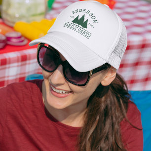 Family Name Cabin Forest Green Pine Trees Trucker Hat