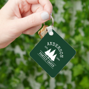 Family Name Cabin Forest Green Square Keychain