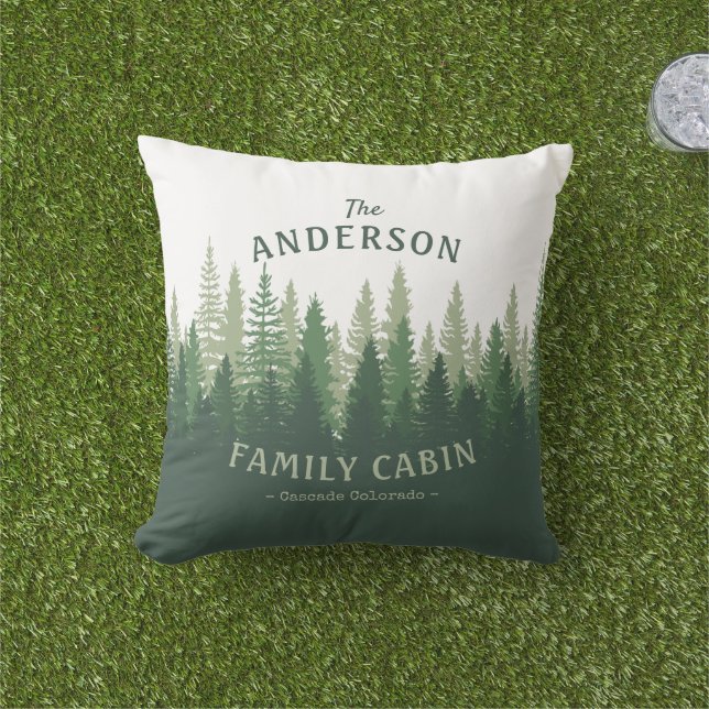 Family Name Cabin Location Pine Tree Forest Outdoor Pillow (Grass)