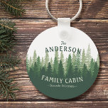 Family Name Cabin Location Pine Tree Forest Round Keychain<br><div class="desc">A stylish, rustic themed round keychain with your personalized family name and cabin, lodge or other desired text and it's location. This custom design features artwork of a pine tree forest silhouette in shades of forest and hunter green. Feel free to visit my designer store to see more items and...</div>