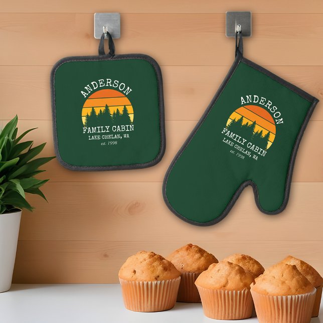 Family Name Cabin Pine Trees Sunset Green Oven Mitt & Pot Holder Set (A great addition to your kitchen.)