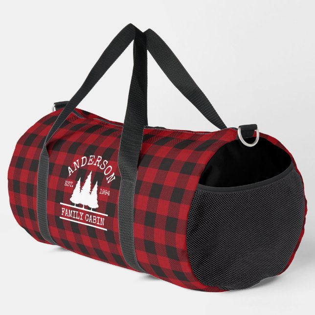 Family Name Cabin Red Buffalo Plaid Duffle Bag (Right Corner)