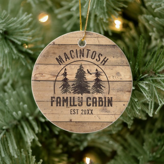 Family Name Cabin Rustic Wood Forest Personalized Ceramic Ornament (Tree)