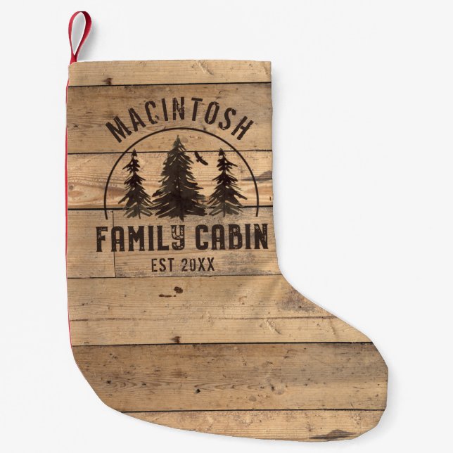 Family Name Cabin Rustic Wood Forest Personalized Small Christmas Stocking (Front)