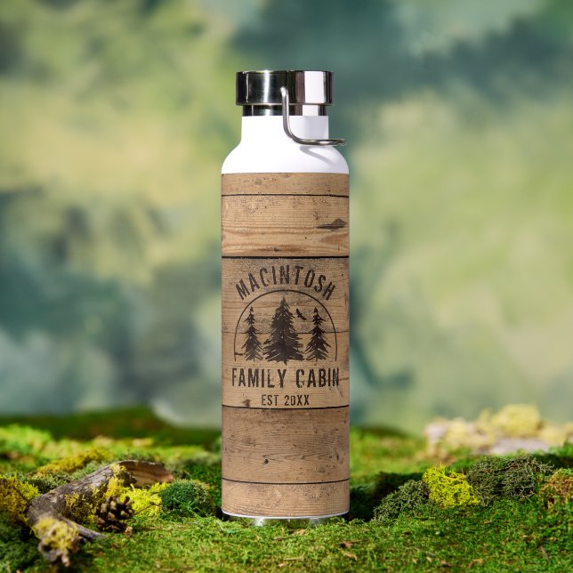 Family Name Cabin Rustic Wood Plank Forest Trees Water Bottle (Outdoor)