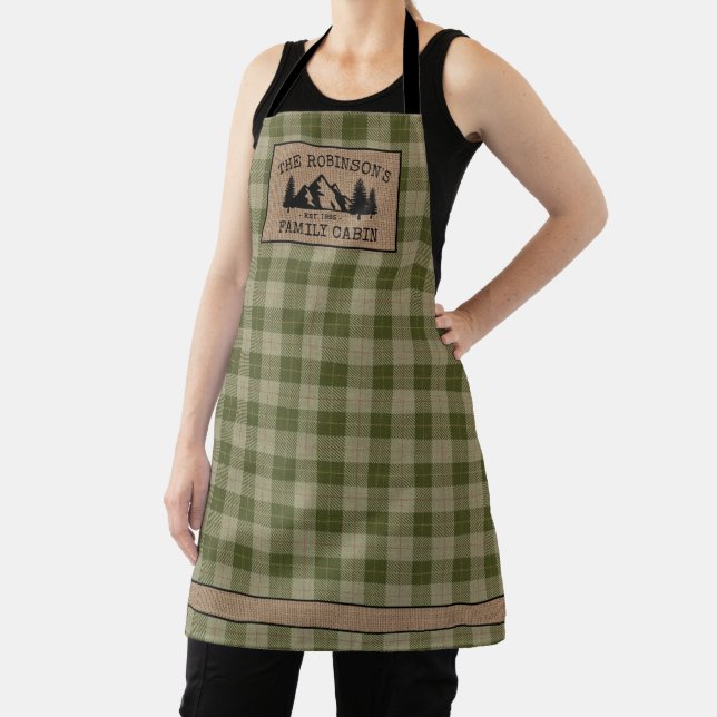Family Name Cabin Trees Sage Green Plaid Burlap Apron (Insitu)