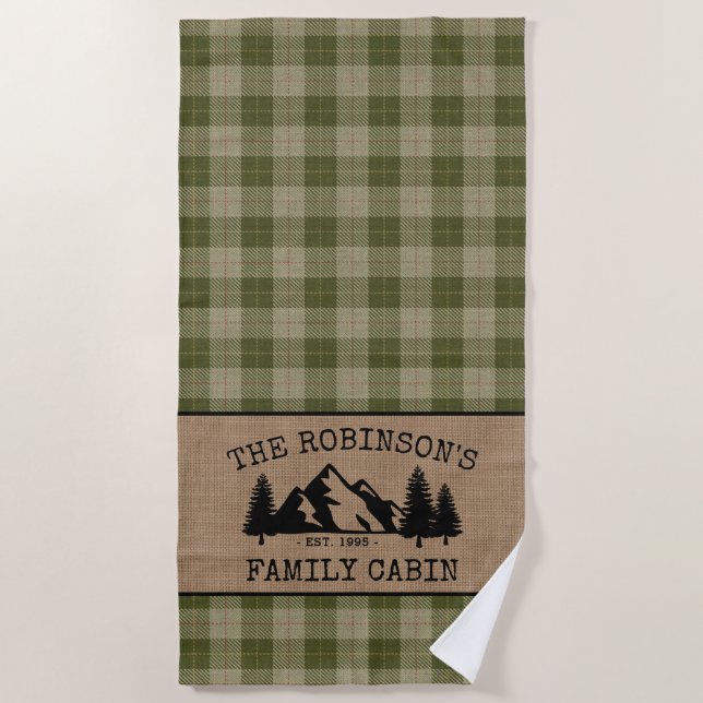 Family Name Cabin Trees Sage Green Plaid Burlap Beach Towel (Front)