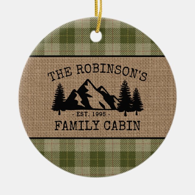 Family Name Cabin Trees Sage Green Plaid Burlap Ceramic Ornament (Front)
