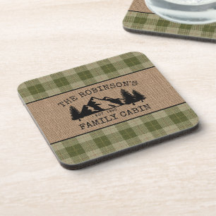Family Name Cabin Trees Sage Green Plaid Burlap Coaster