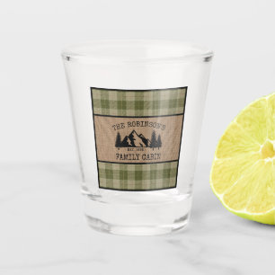 Family Name Cabin Trees Sage Green Plaid Burlap Shot Glass