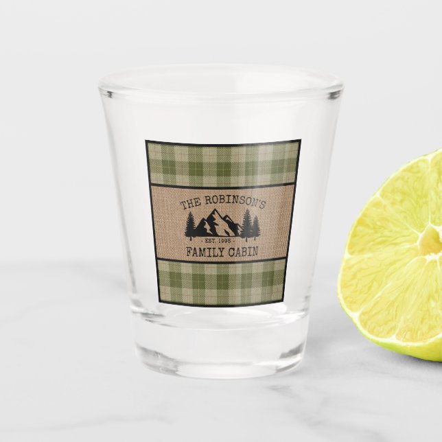 Family Name Cabin Trees Sage Green Plaid Burlap Shot Glass (Front)