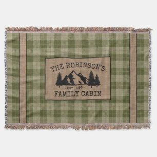 Family Name Cabin Trees Sage Green Plaid Burlap Throw Blanket