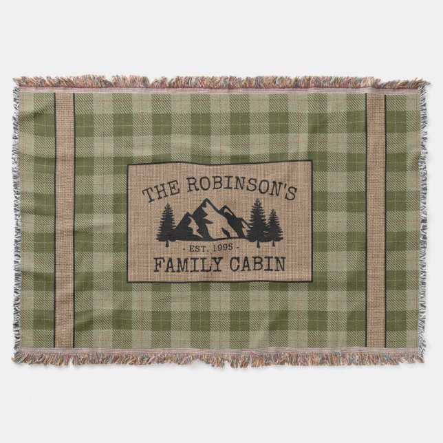 Family Name Cabin Trees Sage Green Plaid Burlap Throw Blanket (Front)