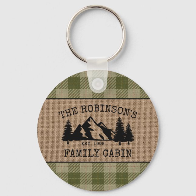 Family Name Cabin Trees Sage Plaid Burlap Round Keychain (Front)