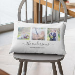 Family Name Calligraphy Custom Photo Collage Lumbar Pillow<br><div class="desc">Pillow with 3 square photos arranged side by side on the front and back side making it 6 photos in total that you can replace with you own photos against a white background. You can also add your family name in a stylish calligraphy font and the year established. Perfect for...</div>