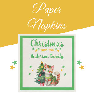 Family name cat tree green yellow Christmas Napkin