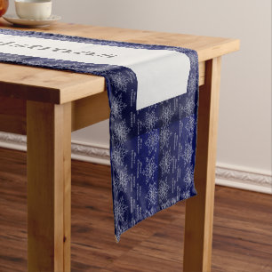 Family Name Christmas Dark Blue White Snowflakes Short Table Runner