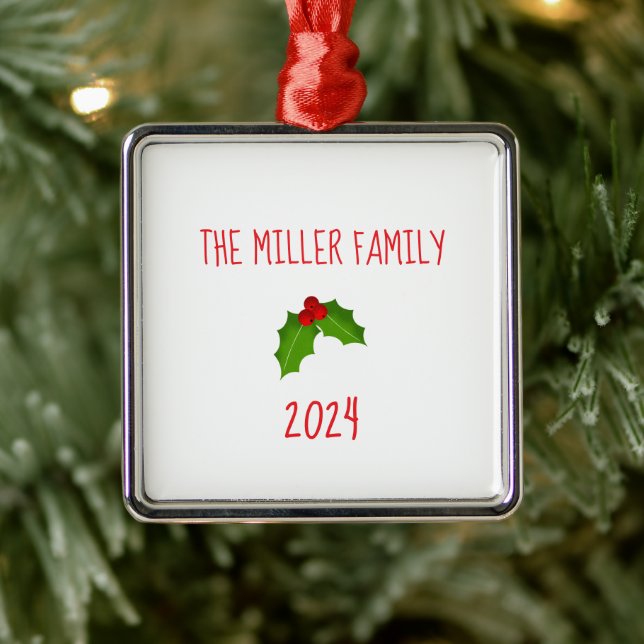 Family NAME Christmas Holly Keepsake YEAR Festive Metal Ornament (Tree)