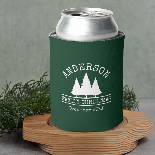 Family Name Christmas Pines Green Can Cooler (Customize to change text size or text style.)