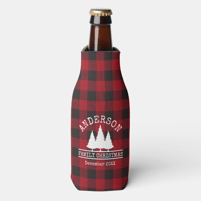 Family Name Christmas Pines Red Plaid Bottle Cooler (Bottle Front)