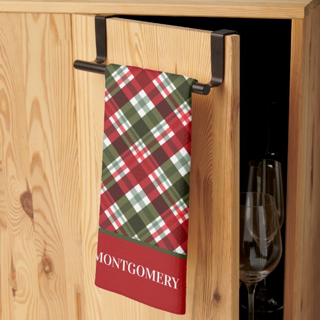 Family Name Christmas Plaid  Kitchen Towel (Thirds Fold)