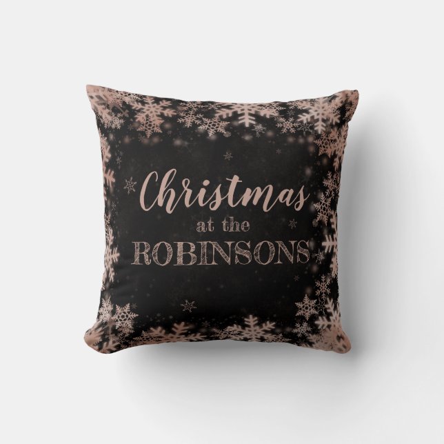 Family Name Christmas Rose Gold Winter Snowflakes Throw Pillow (Front)