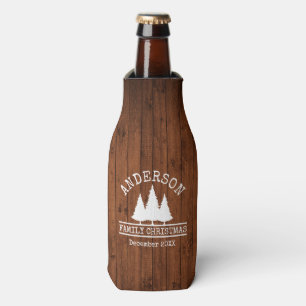 Family Name Christmas Rustic Wood Pines Bottle Cooler