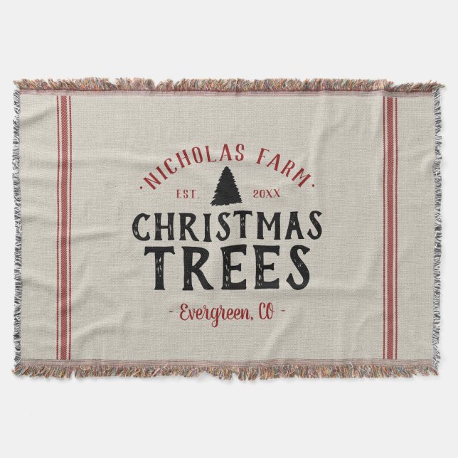 Family Name Christmas Tree Farm Grain Sack Throw Blanket (Front)