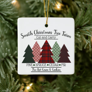 Family Name Christmas Tree Farm Red Green Plaid Ce Ceramic Ornament