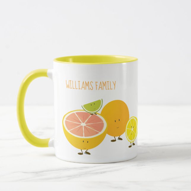 Family Name citrus fruit characters mug (Left)