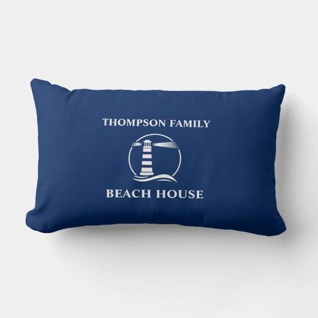 Family Name Classic Nautical Lighthouse Navy Blue Lumbar Pillow (Front)