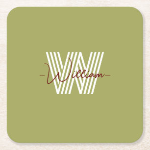 Family name Colorful natural olive green monogram Square Paper Coaster