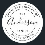 Family Name | Create Your Own Round Bookplate Classic Round Sticker<br><div class="desc">Simple,  clean modern design for your personal library books. This circular bookplate is easy to personalize with your family name. Great gift for any book lover. The typography comprises a modern sans serif typeface in graceful arcs. Your family name appears in centre place in an elegant script font.</div>