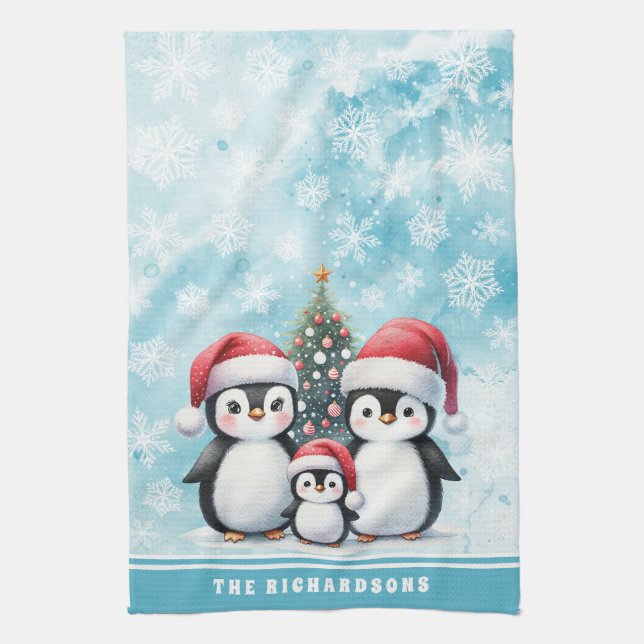 Family Name Cute Penguins Snowy Blue Christmas Kitchen Towel (Vertical)