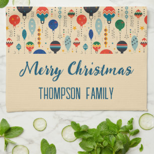 Family name cute retro ornaments traditional Xmas Kitchen Towel
