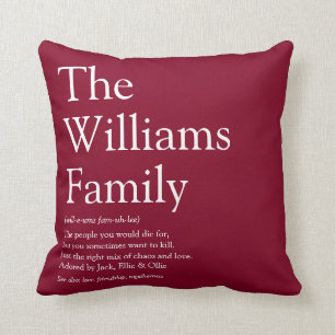 Family Name Definition Fun Modern Burgundy Throw Pillow